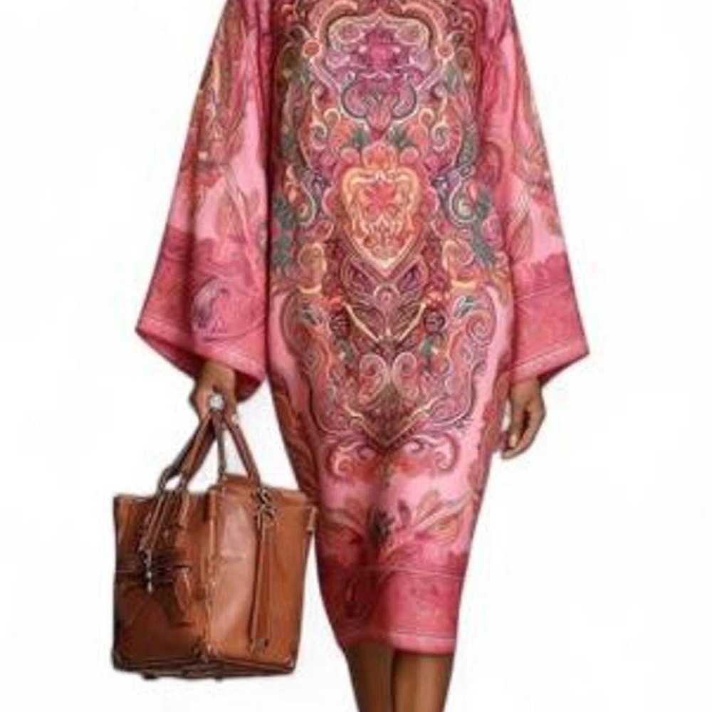 UOOZEE Long Sleeves Loose Contrast Color Printed Mock Neck Midi Dress